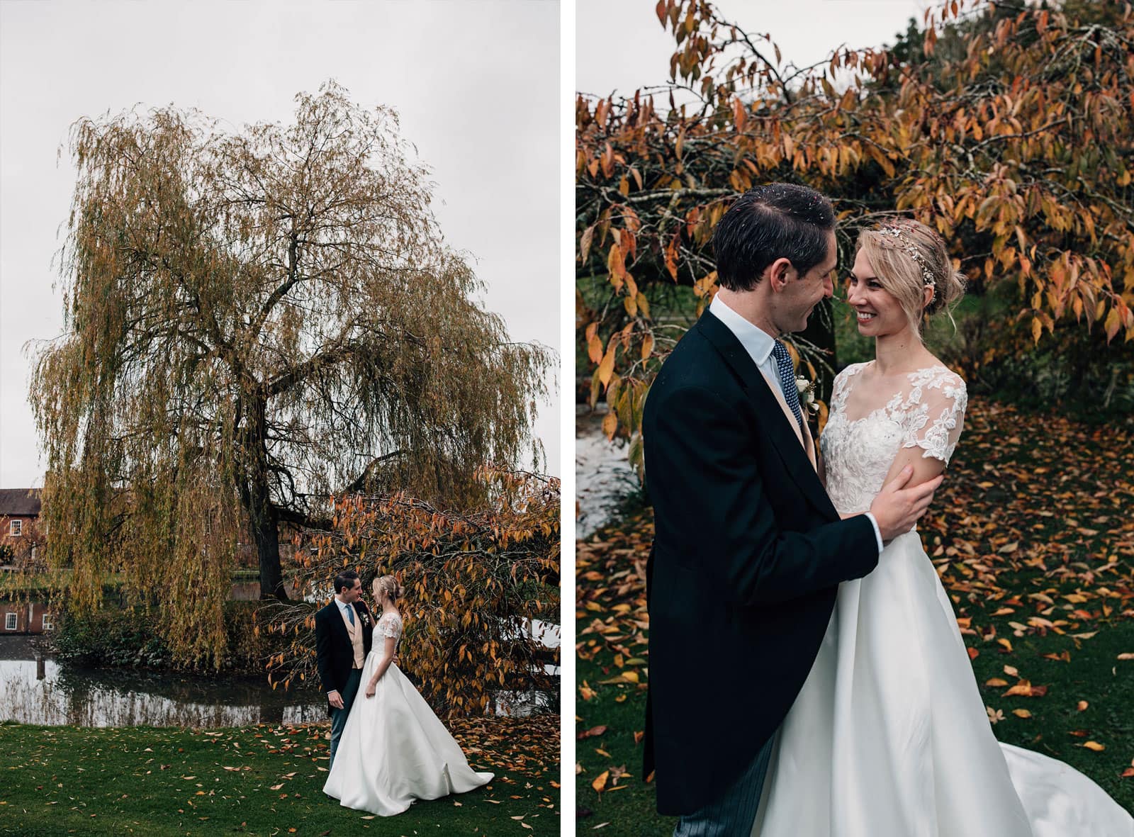 Bride and Groom stood under a large, burnt orange colour willow tree in autumn