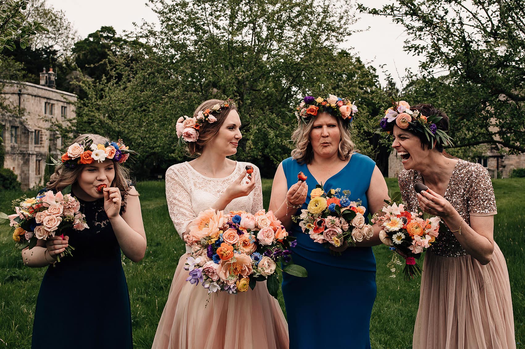 bohemian bridesmaids flower crowns outdoor wedding